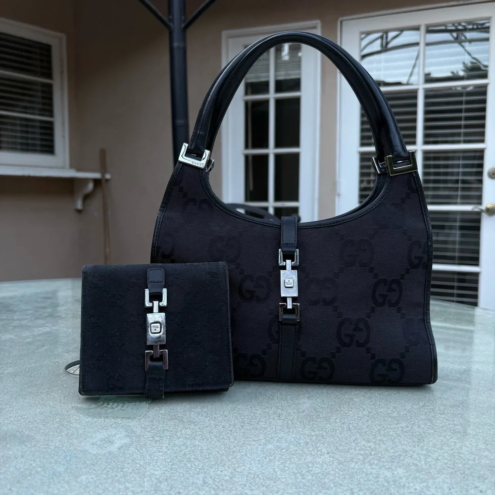 GUCCI Jackie 1961 GG Monogram Canvas Leather Black Women's Bag & Wallet Set - Picture 4 of 7